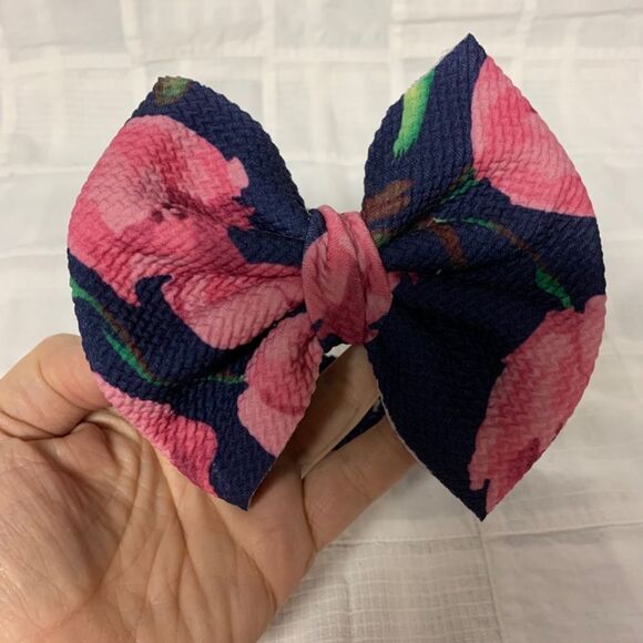 Infant Headband Navy Band Navy With Pink Floral Bow Size Newborn B302 - Picture 5 of 9